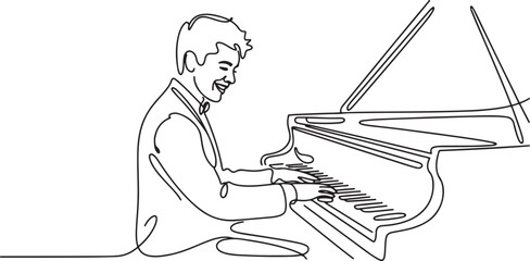 young happy male pianist playing classic grand piano on music concert orchestra. Musician artist performance concept.one line Art icon drawing vector © Misho x Mamun