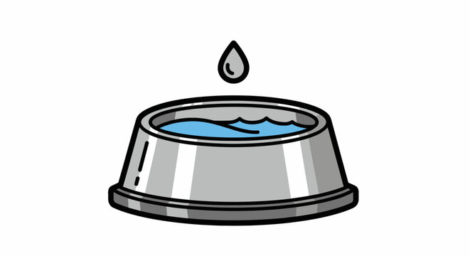 Clean Water Droplet Falling Into Metal Pet Bowl, Hydration Concept