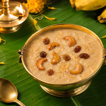 Traditional South Indian payasam in a brass bowl, garnished with cashews and raisins, banana leaf background, Onam festival food photography