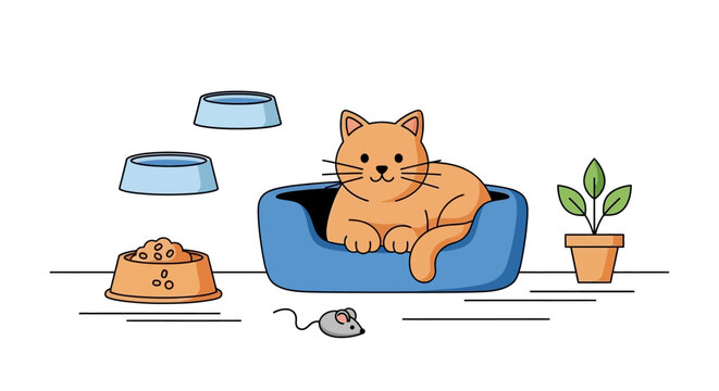 Cute orange cat relaxing in blue pet bed with food and water bowls, toy mouse, and plant.