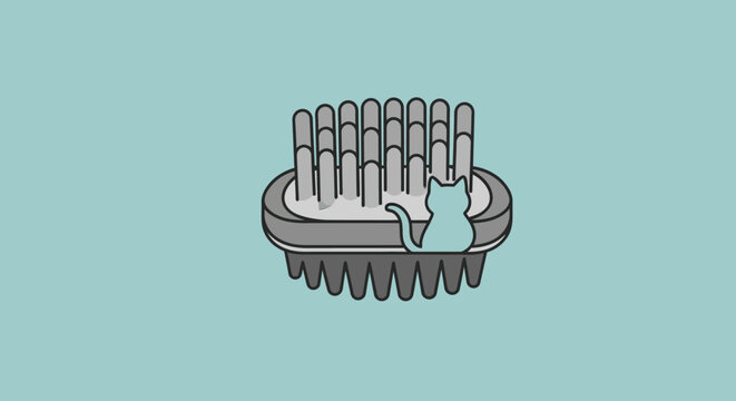 Cute cartoon cat sitting on a grooming brush against a teal background