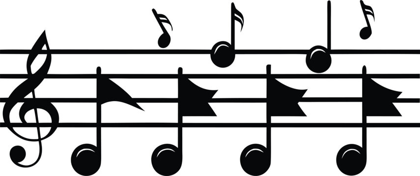 A horizontal row of black musical symbols on a staff, featuring a treble clef and diverse notes, illustrates fundamental music notation for educational and design purposes