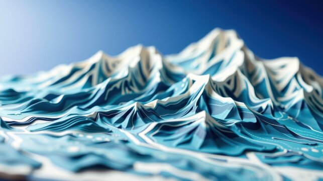 Abstract mountain range illustration. Blue, white tones create sharp, angular peaks. Modern digital art style. Dramatic lighting, clean design.