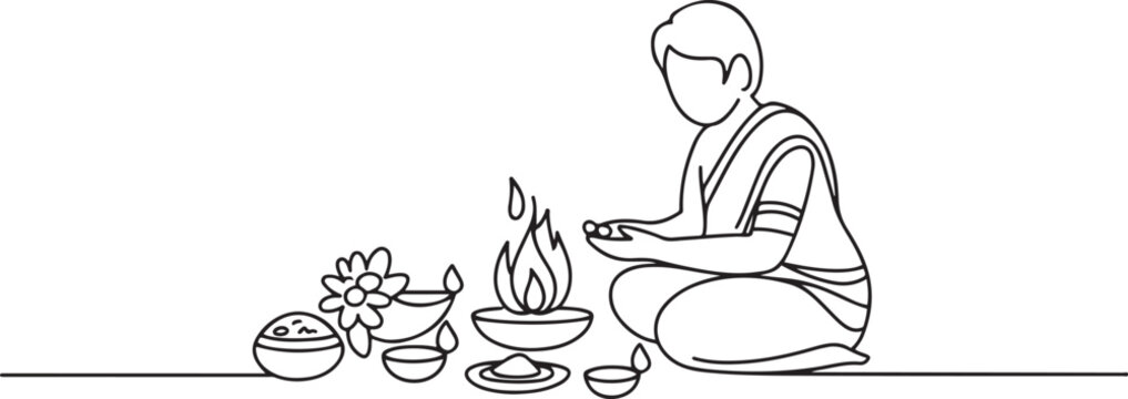 Sketch drawing cartoon clipart of Shradh Puja: Honoring Ancestors with Rituals Offerings, Pitru Paksha Rituals, Shradh Puja, Hindu Ancestral Rituals. one line Icon drawing