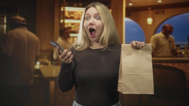 Woman holding smartphone and brown paper delivery bag, mouth open and raising bag while looking at phone in building lobby; surprise delivery issue.