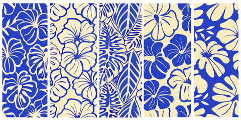 blue and cream floral pattern with hibiscus and tropical leaves © Raben