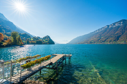 Switzerland Autumn landscape of Iseltwald pier on Lake Brienz, the filming location of Crash Landing on You. Iseltwald, Canton of Bern, Switzerland.