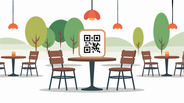 QR code on a table at an outdoor cafe with blurred background of trees and orange pendant lamps.