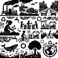 Obraz premium ecology and pollution icons set black and white vector illustration