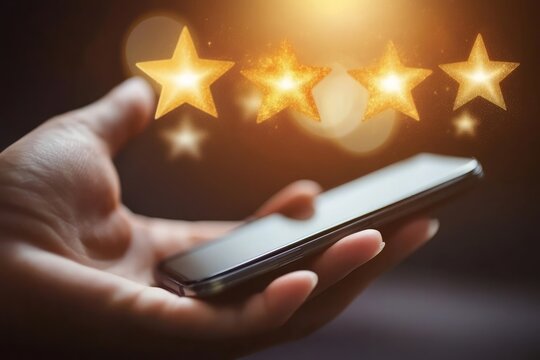 Person using smartphone giving glowing five star rating feedback online