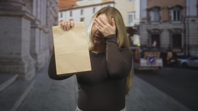 Woman holds paper bag with one hand and covers face with other hand on historic city street; embarrassment delivery problem.
