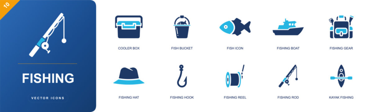 Fishing icon set. Containing cooler box, fish bucket, fish icon, fishing boat, fishing gear, fishing hat, fishing hook, fishing reel, fishing rod and more. Solid fill vector icons.