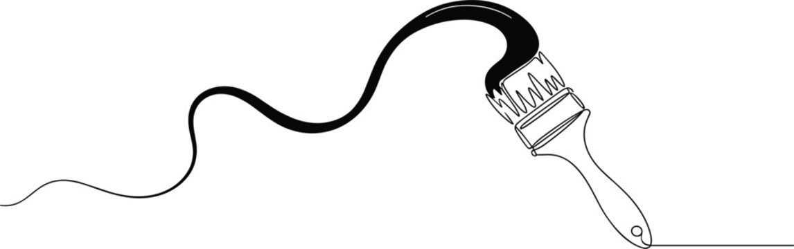 Continuous line drawing of a paintbrush creating a wavy black paint stroke for creative art and home renovation concepts.