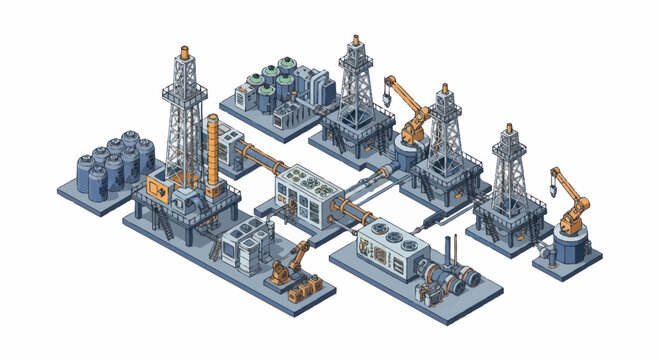 Industrial oil rig and refinery complex isometric illustration.
