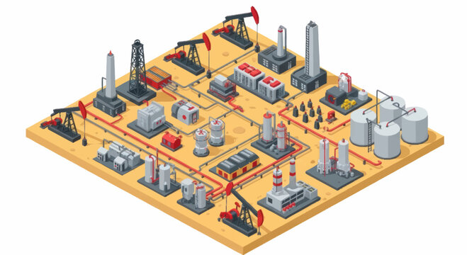 Isometric oil and gas industrial complex with pumpjacks and refineries.