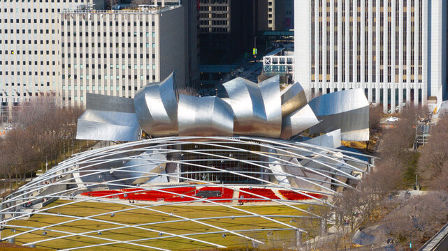 Aerial  view Chicago&rsquo;s Millennium Park From Above &mdash; Pritzker Pavilion Steel Architecture&rdquo;