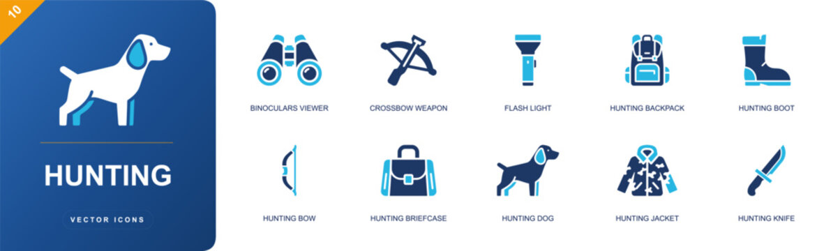 Hunting icon set. Containing binoculars viewer, crossbow, flashlight, hunting backpack, boot, hunting bow, hunting dog, hunting jacket, hunting knife and more. Solid fill vector icons.