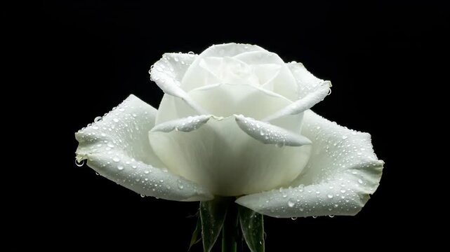Close-up of a white rose with water droplets against a stark black background