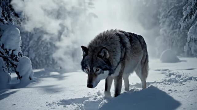 Gray wolf walking through deep snow in a dense, foggy winter forest with snow-covered trees. The predator has thick fur and intense yellow eyes, tracking through the cold wilderness.