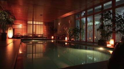 Fototapeta premium Luxurious indoor swimming pool is illuminated with warm ambient lighting in a serene atmosphere.