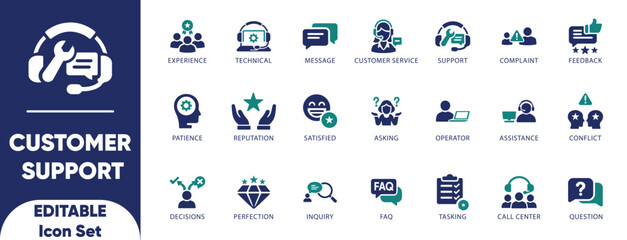 Naklejka premium Customer Support Icon Set. asking, assistance, call center, complaint, decision, explaining, faq, feedback, help, and solid icons.