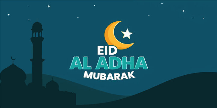 A vintage Eid Mubarak greeting card design featuring a happy Ramadan moon and stars in a dark night sky vector illustration for a holiday celebration art label