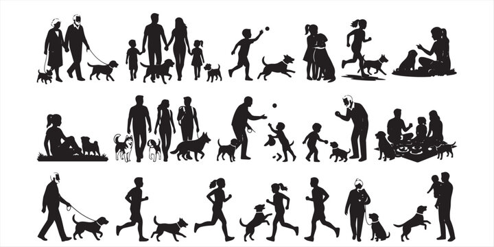 Group people all ages activities with dogs vector silhouette set collection.