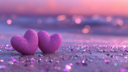 Obraz premium Two purple glitter hearts on sparkling sand against beautiful evening sky with pink clouds Concept of celebration of love