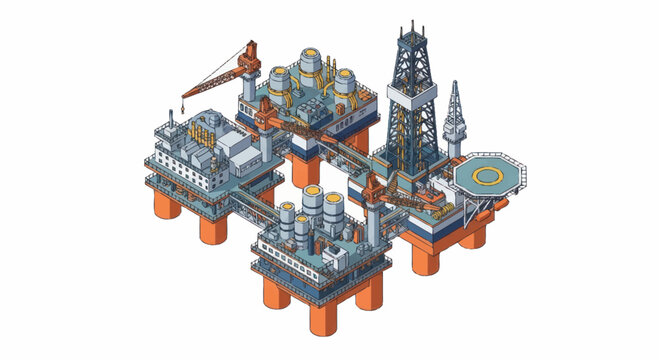 Offshore oil rig platform complex industrial structure illustration.