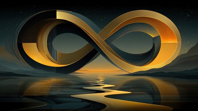 Golden three dimensional infinity sign reflecting on dark water surface under starry sky Concept of eternity and loop
