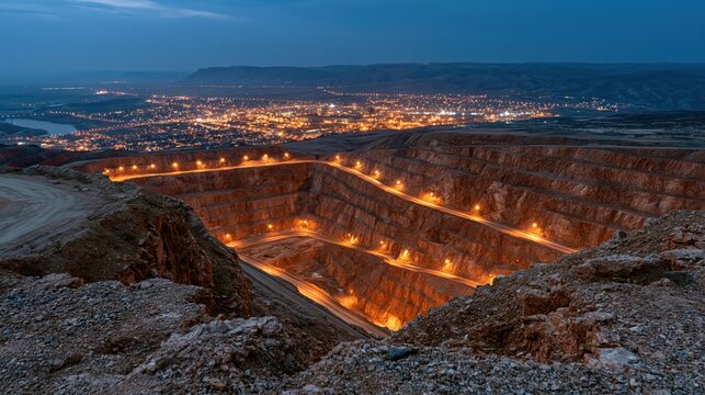 Dramatic aerial view of a vast open-pit mine illuminated at twilight with a city in the background