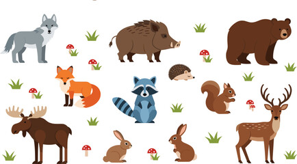 Fototapeta premium Comprehensive Forest Animal Vector Set Featuring Bear, Wolf, Fox, Deer, Moose, Wild Boar, Raccoon, Squirrel, Hedgehog, and Rabbit Isolated on White Background