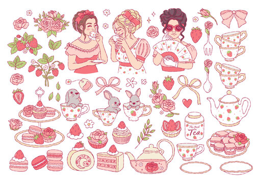 Rococo Strawberry Tea Time, Strawberries Desserts, Summer Fruit Hand Drawn Design Vector