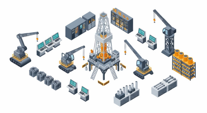 Industrial equipment and machinery collection isometric illustration.