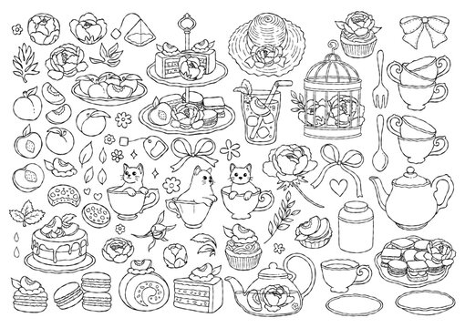 Peach Fruit Tea Outline, Hand Drawn Tea Party, Wedding Invitation Graphic, It's Tea Time Line Art, Peonies Flower Tea Set Coloring Page Hand Drawn Design Vector
