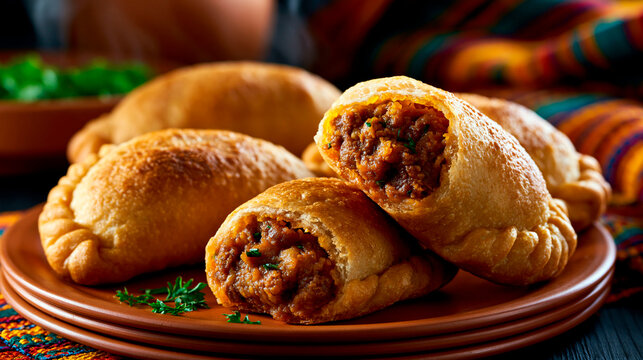 Traditional argentinian empanadas with savory meat filling on rustic ceramic plate