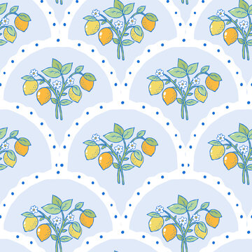 Lemon Scalloped Seamless Pattern, Summer Fruit Digital Paper, Hand drawn Cute Lemon Fabric File, Grand millennial floral Repeat Vector