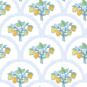 Lemon Scalloped Seamless Pattern, Summer Fruit Digital Paper, Hand drawn Cute Lemon Fabric File, Grand millennial floral Repeat Vector