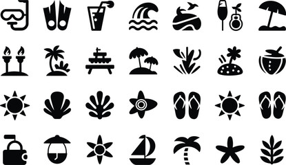 Obraz premium Detailed black filled summer icons showing diving gear tropical scenery ocean waves and vacation