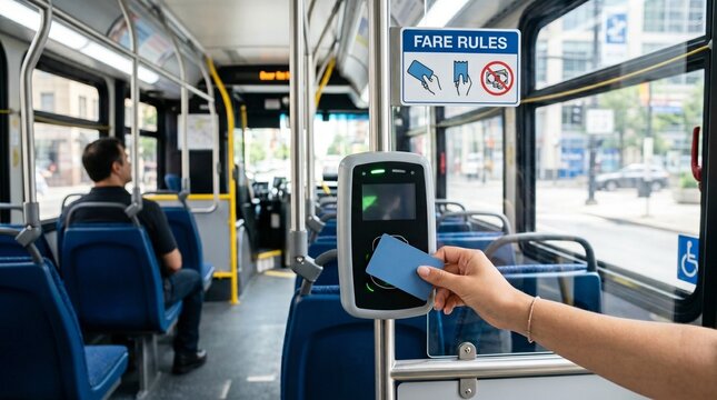A person tapping a smart card on a validator inside a bus according to Fare rules, a photo for city transit guides.