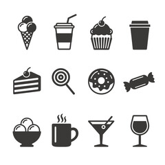 Fototapeta premium Collection of dark gray food and drink on white background ice cream cone drink cup with straw cupcake with cherry