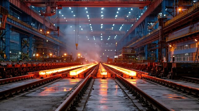 Molten steel billets glowing intensely on railway tracks inside a vast industrial plant