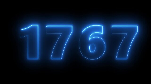 Neon blue glowing number 1767 on black background, digital countdown timer animation