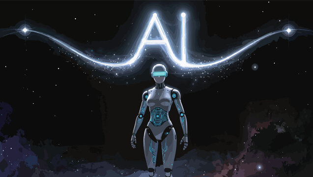 Futuristic ai robot standing under glowing neon ai sign in cosmic space.
