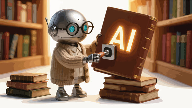 Retro robot with glasses holding ai book in library setting robot.