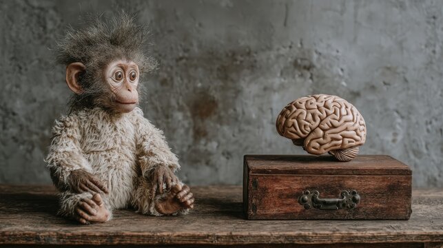 Curious stuffed monkey doll gazes thoughtfully at a small anatomical brain model placed upon a rustic wooden chest.