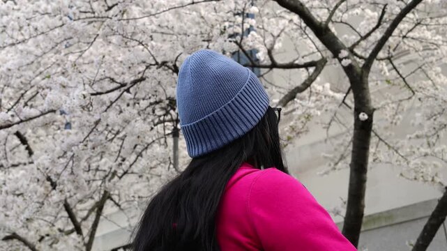 woman in woven knit winter hat looking at spring blooming cherry blossoms sign of season changing close up brunette young lady sweater springtime seasons change