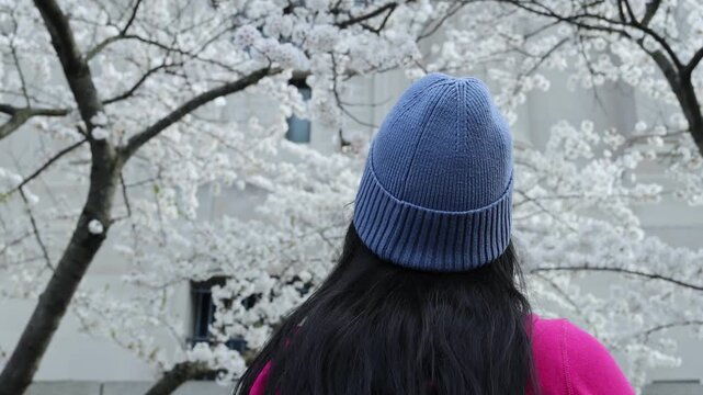 woman in woven knit winter hat looking at spring blooming cherry blossoms sign of season changing close up brunette young lady sweater springtime seasons change