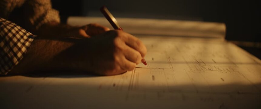 Close-up of hands reviewing architectural blueprints and construction plans under warm cinematic lighting during a building or renovation project.