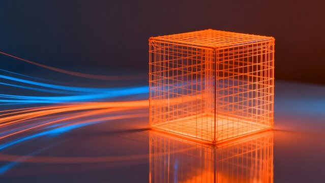Orange wireframe cube with glowing lines
